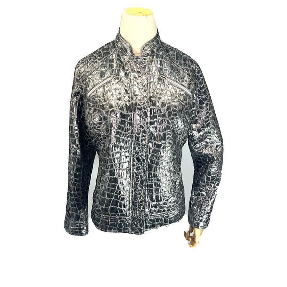 Chico's Silver Crocodile Stellar Jacket Size 1 Medium 8 10 US Blazer - Picture 2 of 12